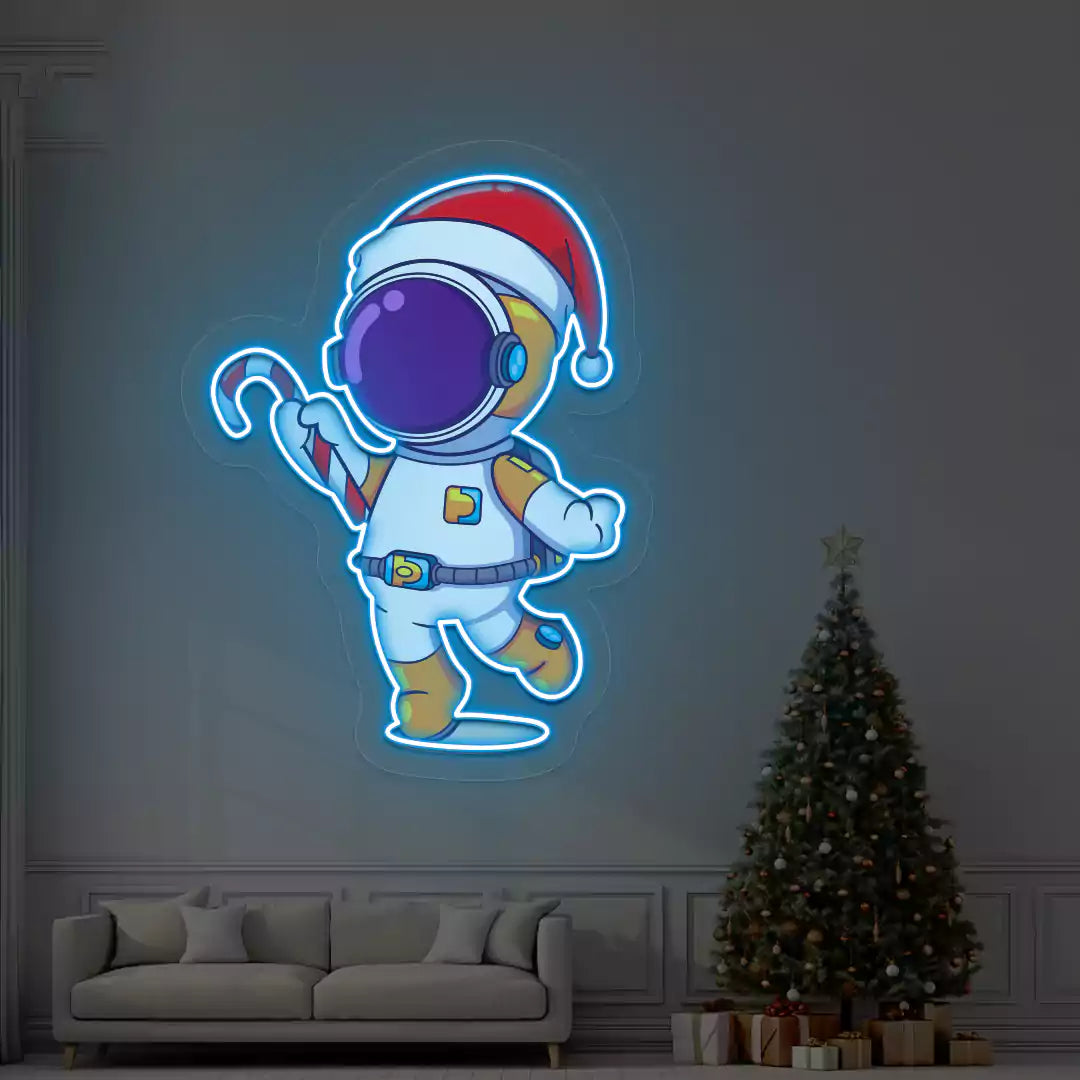 Astronaut Santa Candy Cane Neon Artwork | Iceblue
