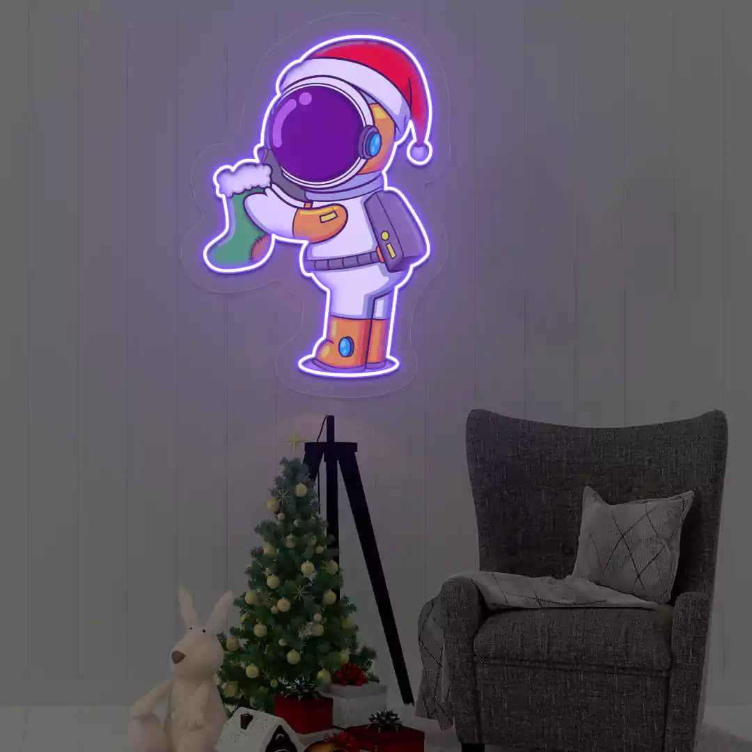 Astronaut Santa Holiday Sock Neon Artwork | Purple