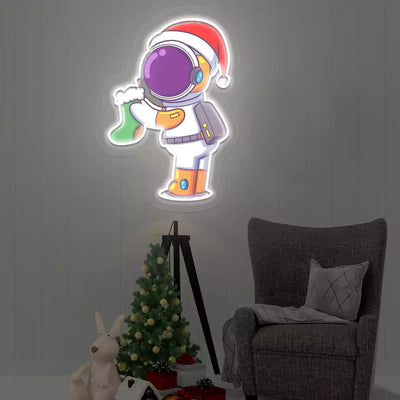 Astronaut Santa Holiday Sock Neon Artwork | White