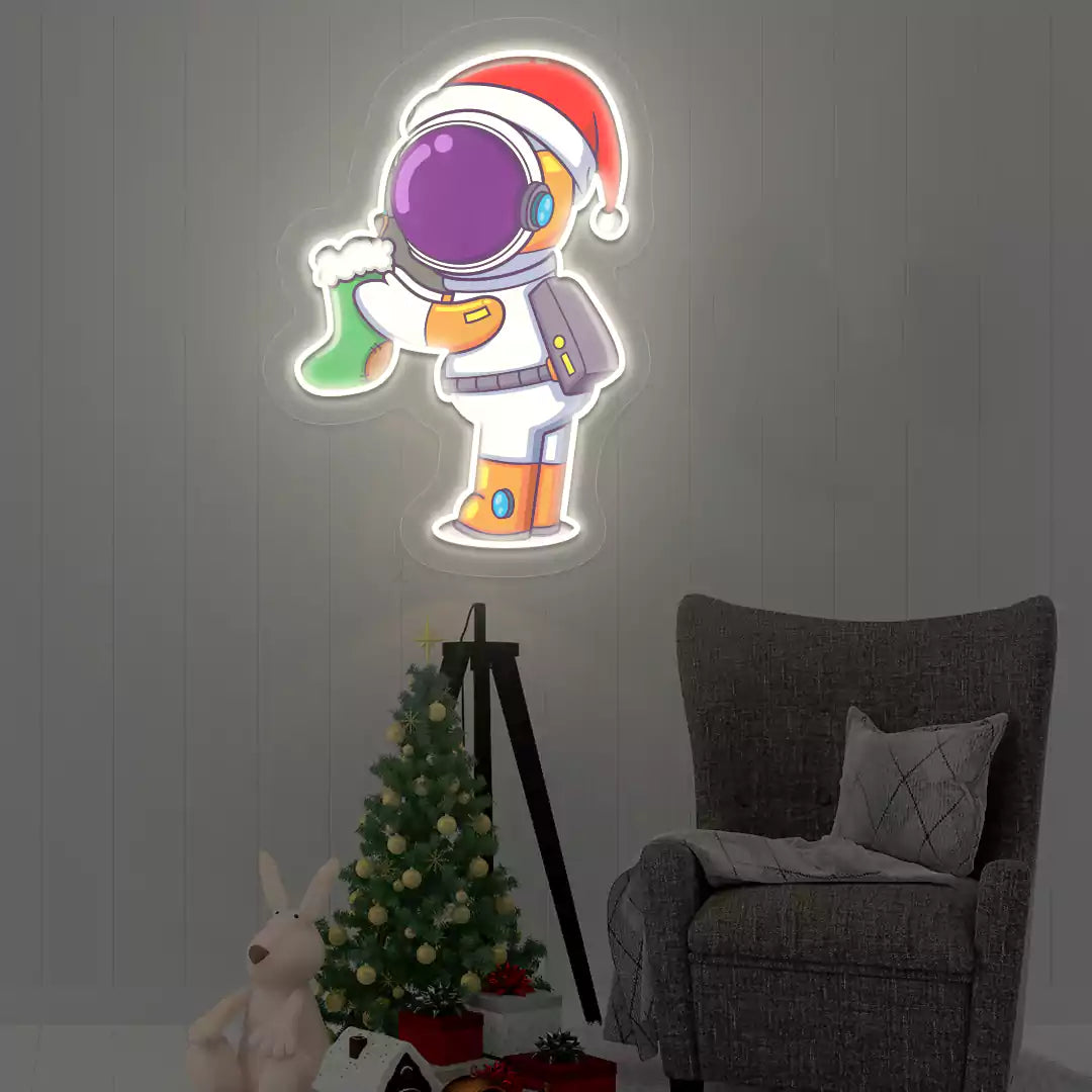 Astronaut Santa Holiday Sock Neon Artwork | Warmwhite
