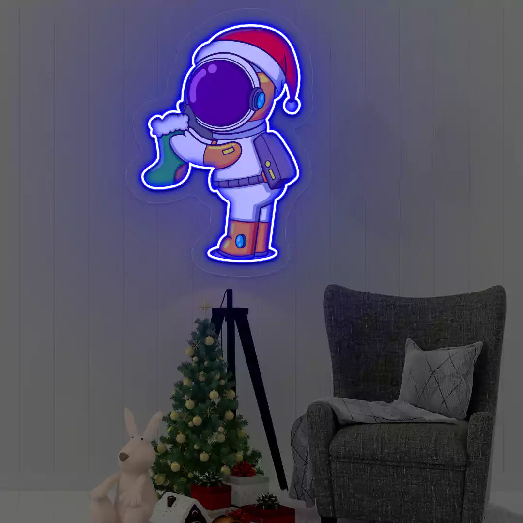 Astronaut Santa Holiday Sock Neon Artwork | Blue