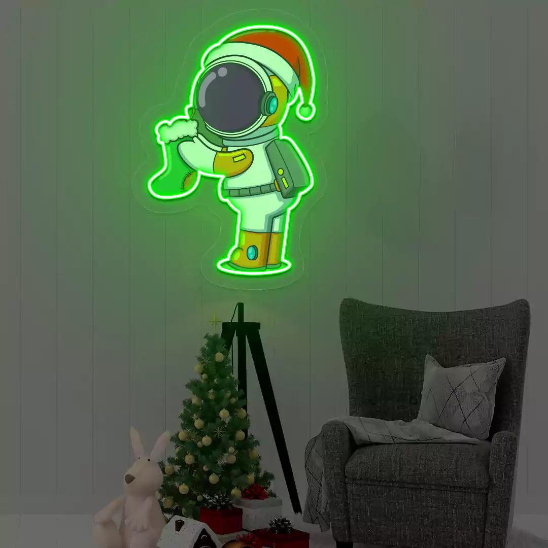 Astronaut Santa Holiday Sock Neon Artwork | Green