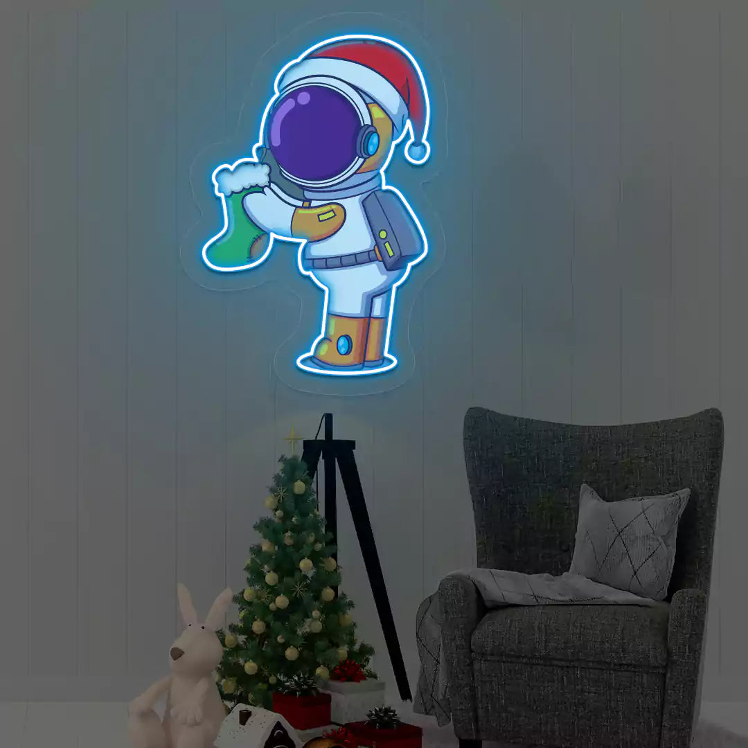 Astronaut Santa Holiday Sock Neon Artwork | Iceblue