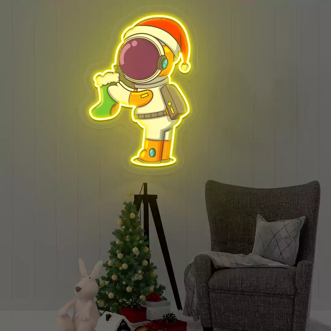Astronaut Santa Holiday Sock Neon Artwork | Yellow