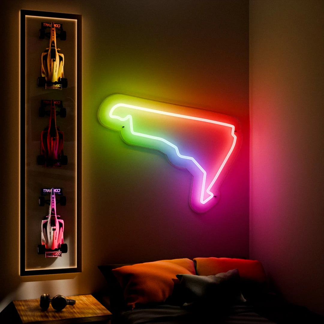 RGB Flow Hermanos Rodriguez Grand Prix Circuit LED neon wall sign in blue yellow and red