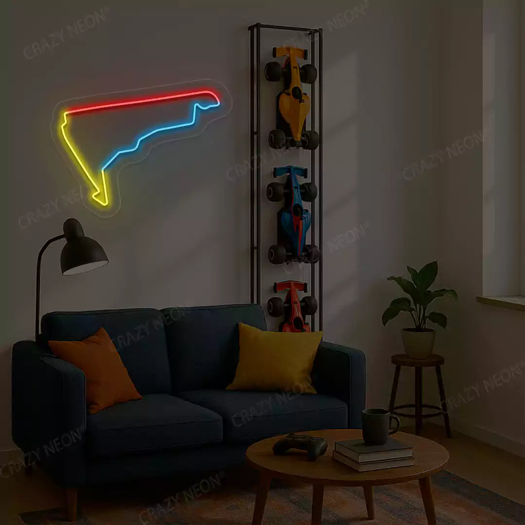 Multicolour Hermanos Rodriguez Grand Prix Circuit LED neon wall sign in blue yellow and red