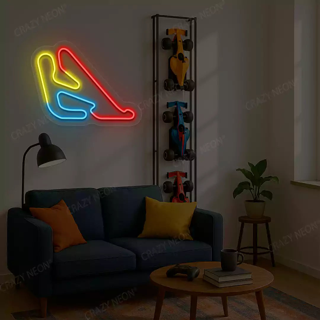 Multicolor Oscar y Juan Galvez Grand Prix Circuit LED neon wall sign in red yellow and blue