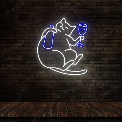 Cat Drinking Wine Multicolor Neon Sign | Blue