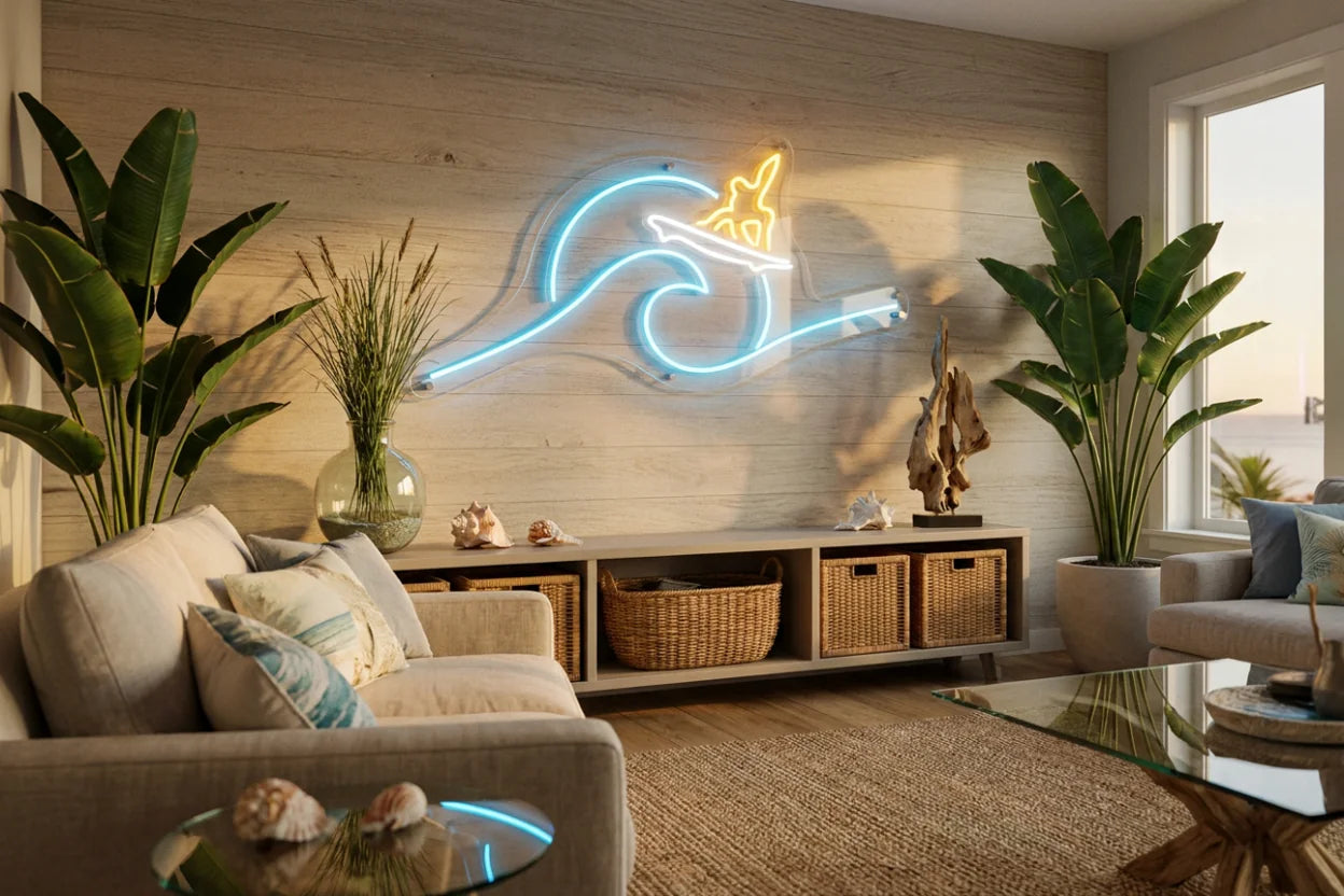 sunlit tropical living room with glowing blue surfing wave neon sign and yellow surfer silhouette on wood wall surrounded by indoor plants beige sofas and coastal decor