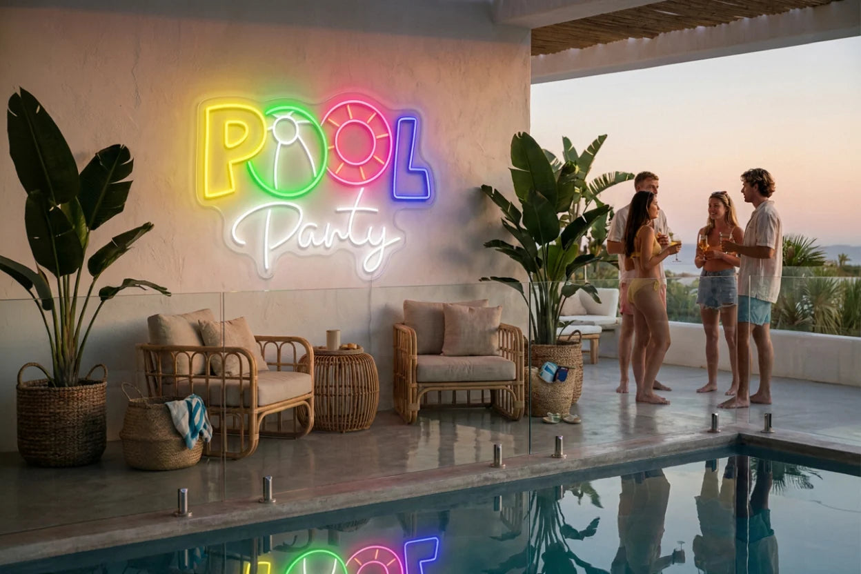 colorful POOL Party neon sign glowing on a poolside wall with wicker chairs tropical plants and sunset view beside a luxury outdoor party scene with people by the water