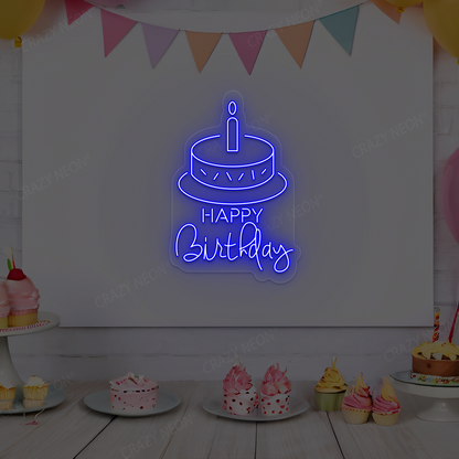Happy Birthday With Cake Neon Sign | Blue