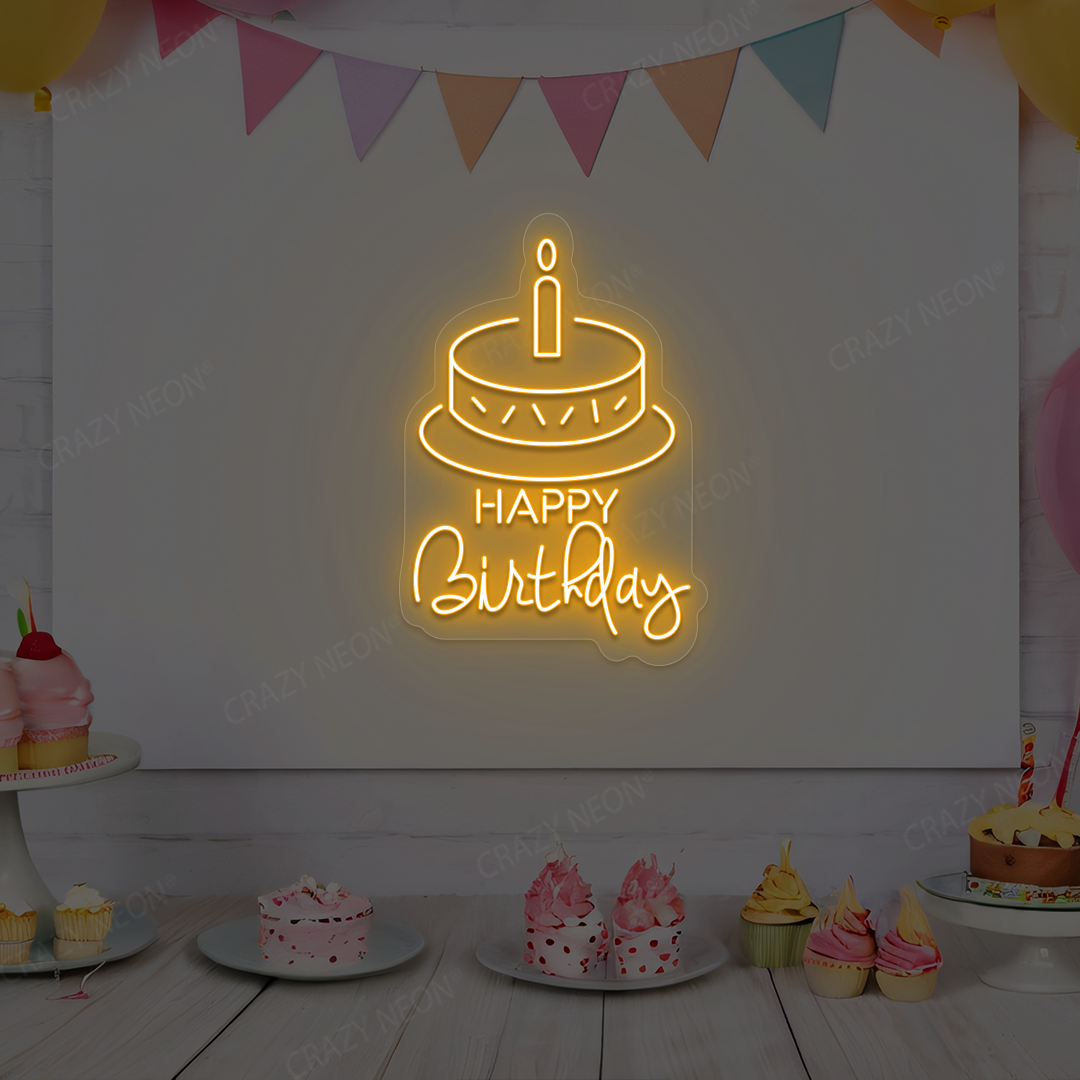 Happy Birthday With Cake Neon Sign | Orange