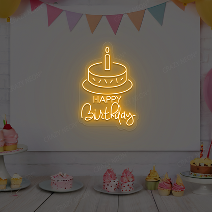 Happy Birthday With Cake Neon Sign | Orange