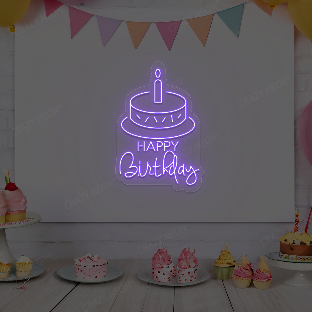 Happy Birthday With Cake Neon Sign | Purple