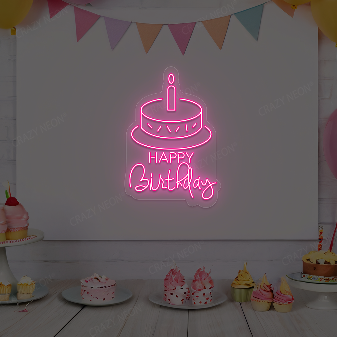 Happy Birthday With Cake Neon Sign | Pink