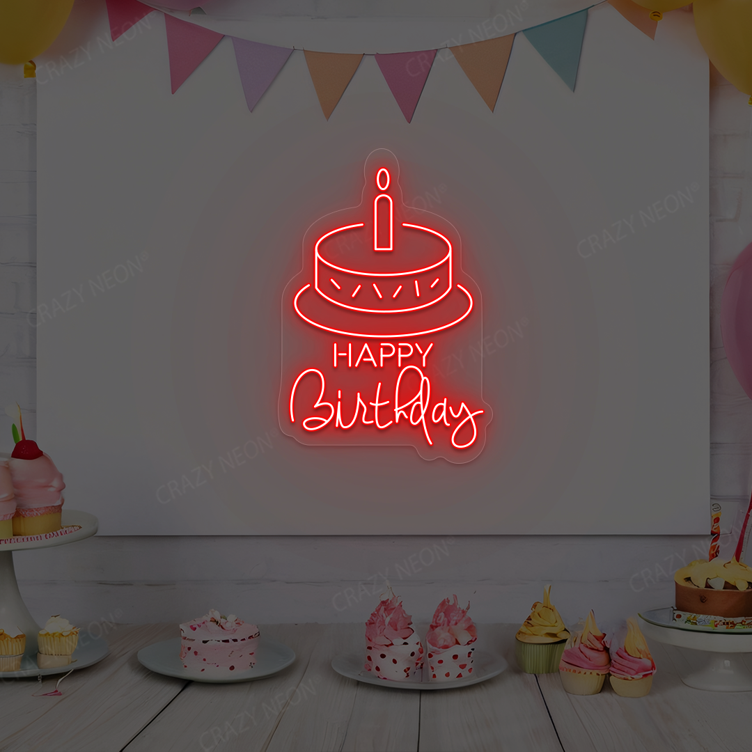 Happy Birthday With Cake Neon Sign | Red
