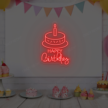 Happy Birthday With Cake Neon Sign | Red