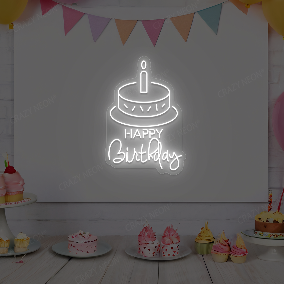 Happy Birthday With Cake Neon Sign | White