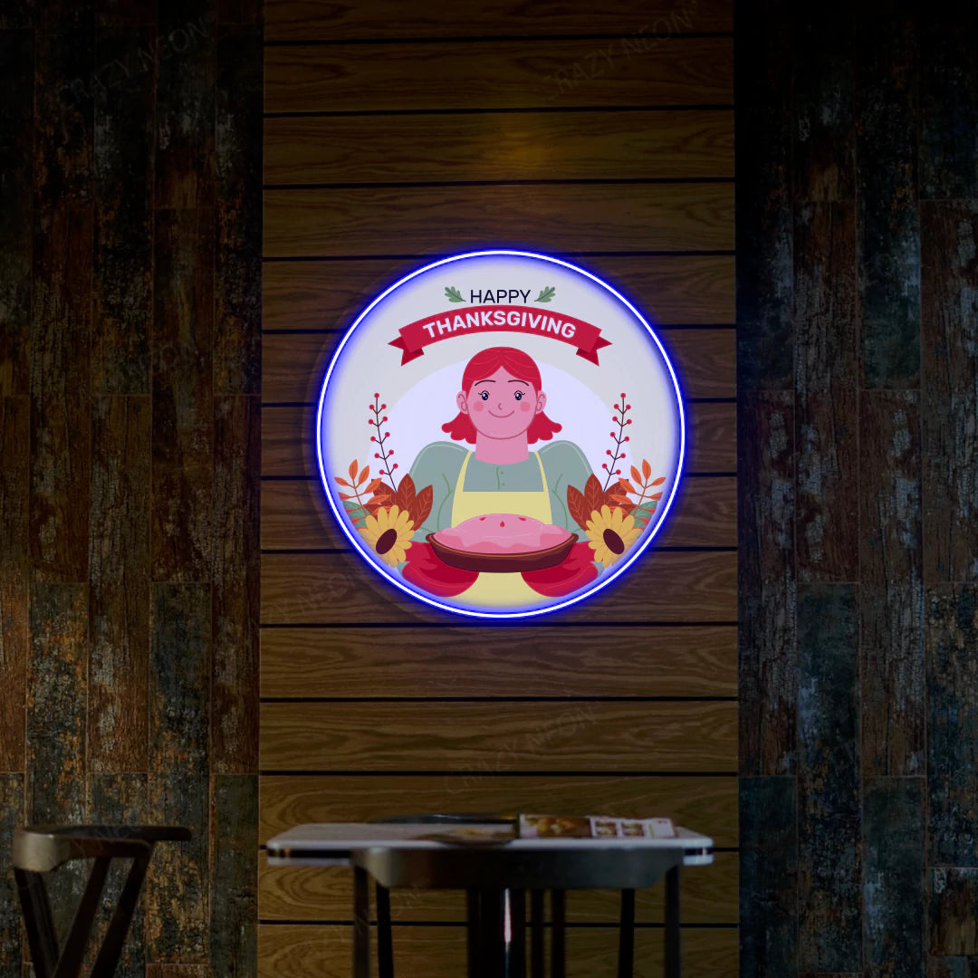 Thanksgiving pie with red-haired chef neon sign in blue