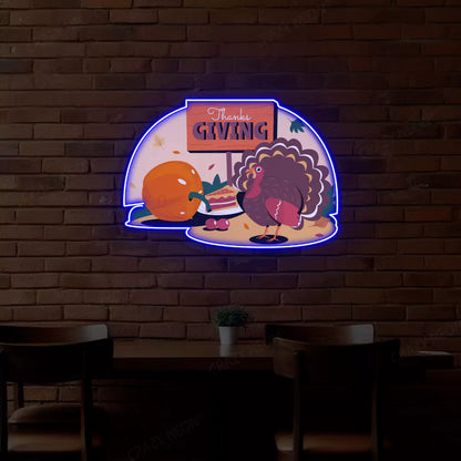 Thanksgiving turkey and pumpkin feast neon sign in blue