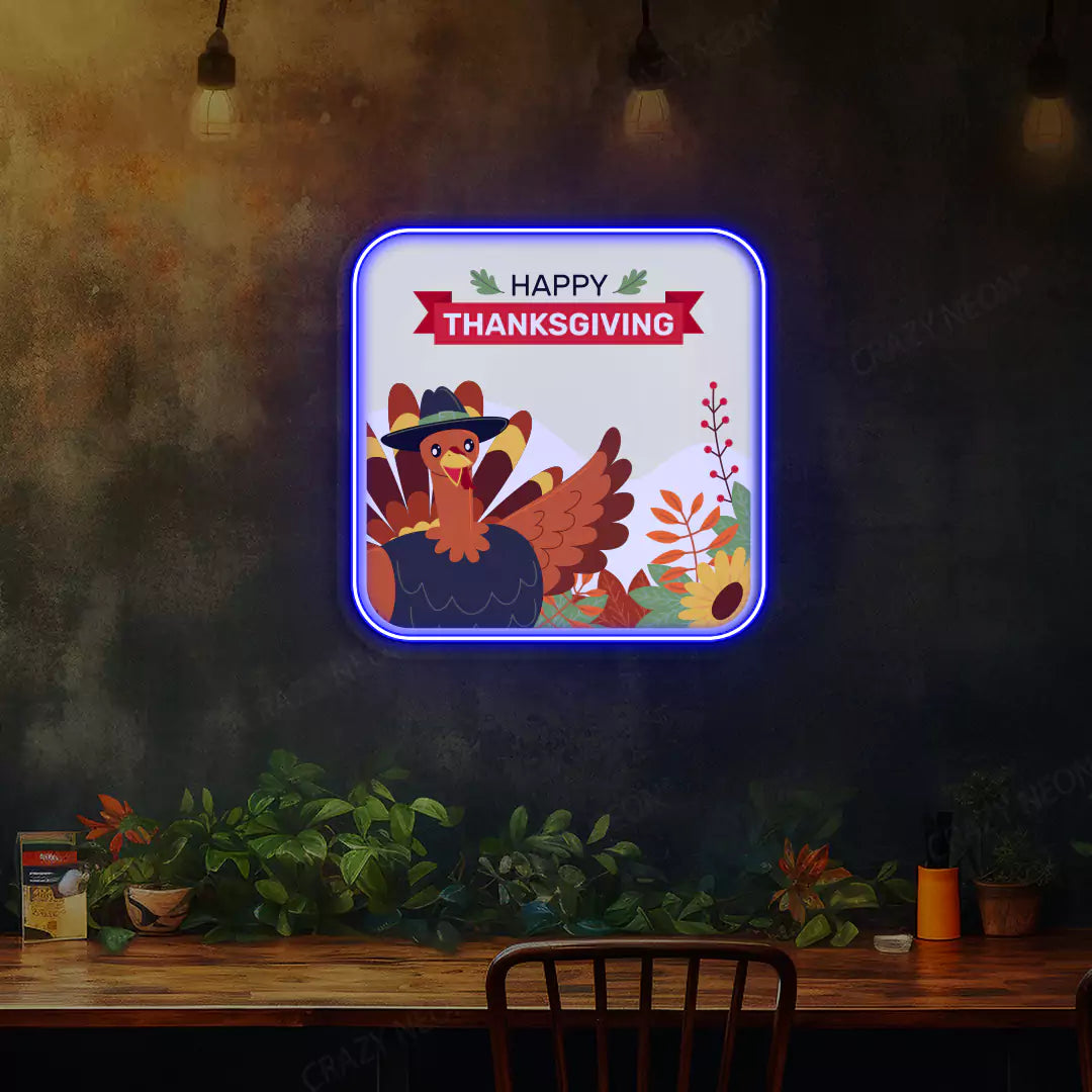 Turkey pilgrim happy thanksgiving neon sign in blue
