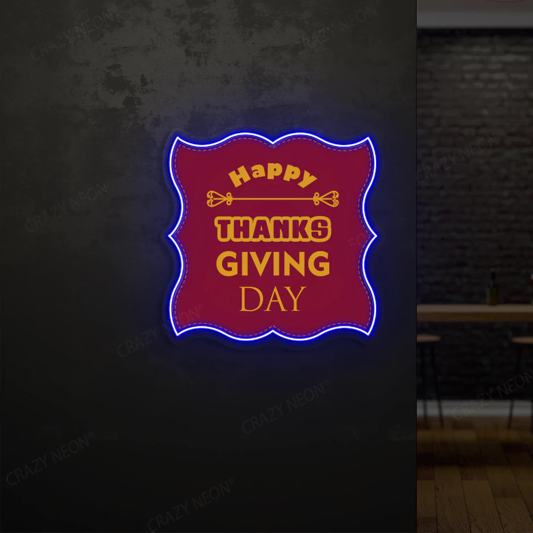 Grateful greetings happy thanksgiving day neon sign in blue