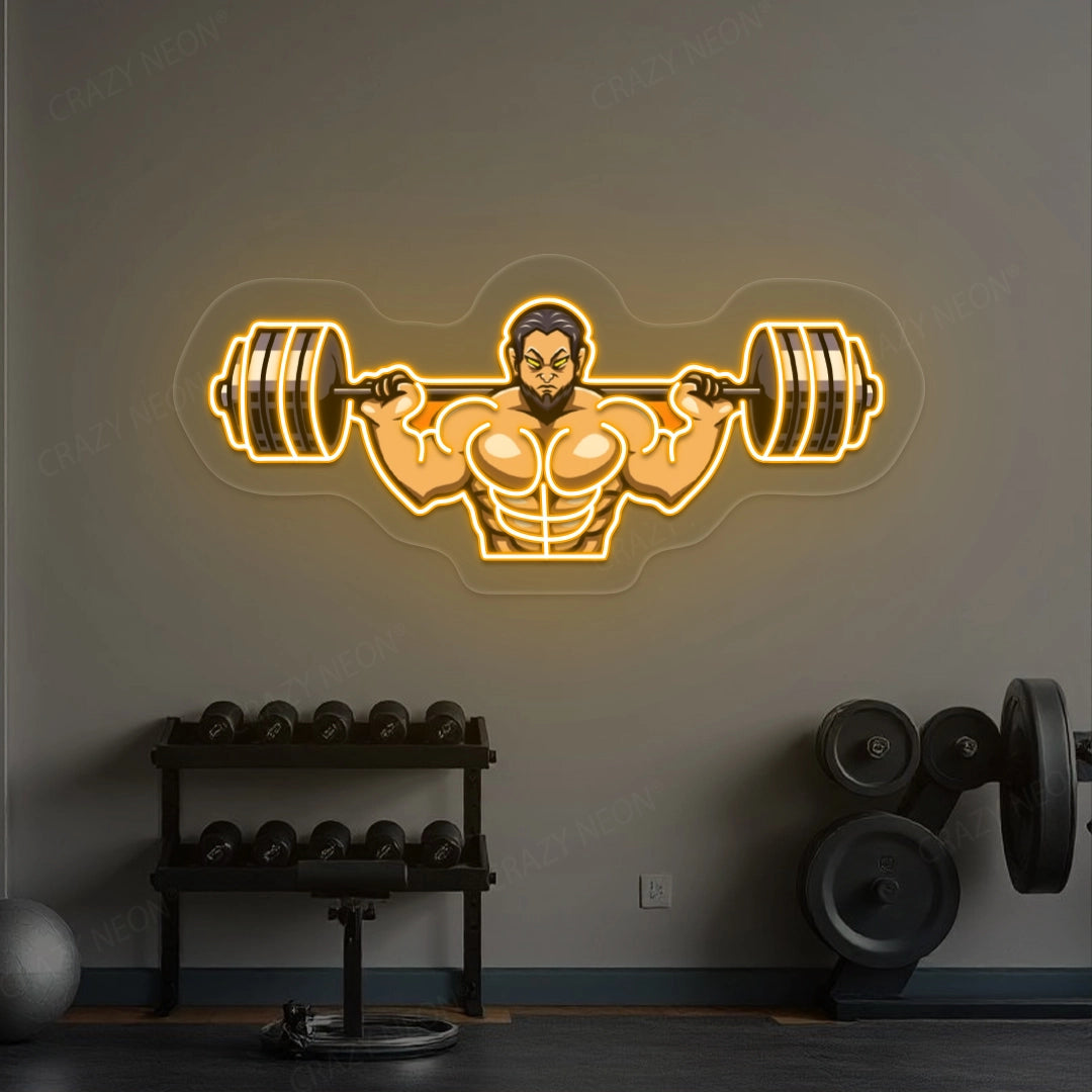 Man Lifting Barbell Neon Sign | Orange 