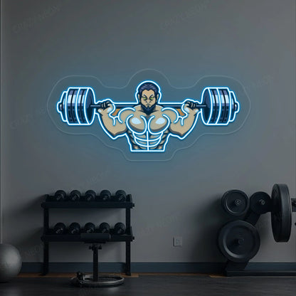 Man Lifting Barbell Neon Sign | Ice Blue