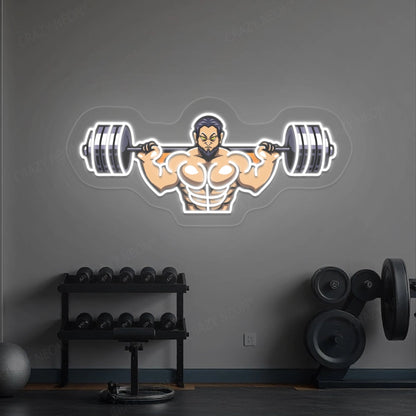 Man Lifting Barbell Neon Sign | White