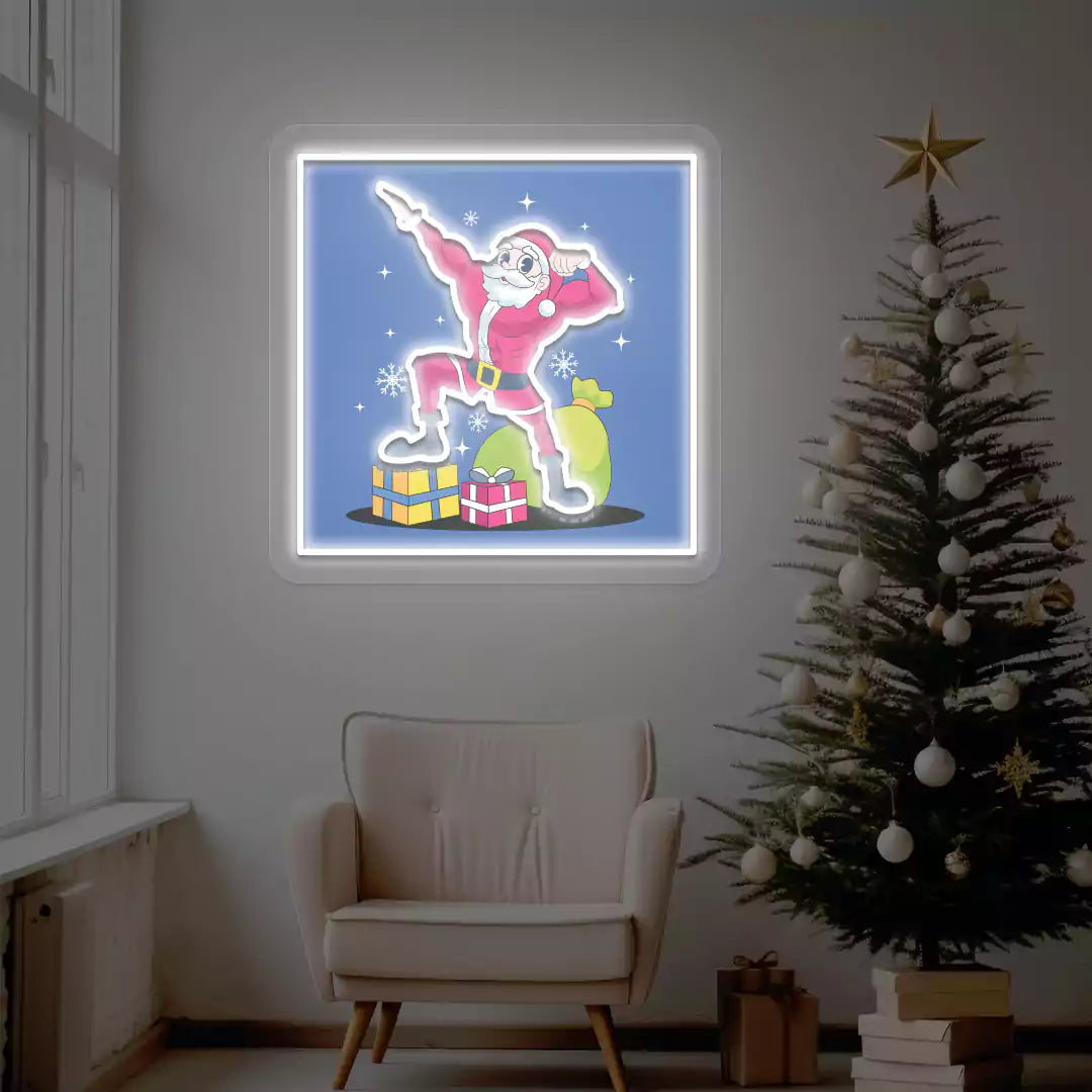 Santa Muscle Flex Neon Artwork | White