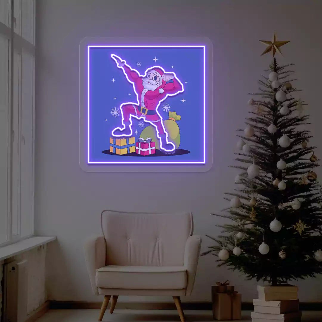 Santa Muscle Flex Neon Artwork | Purple