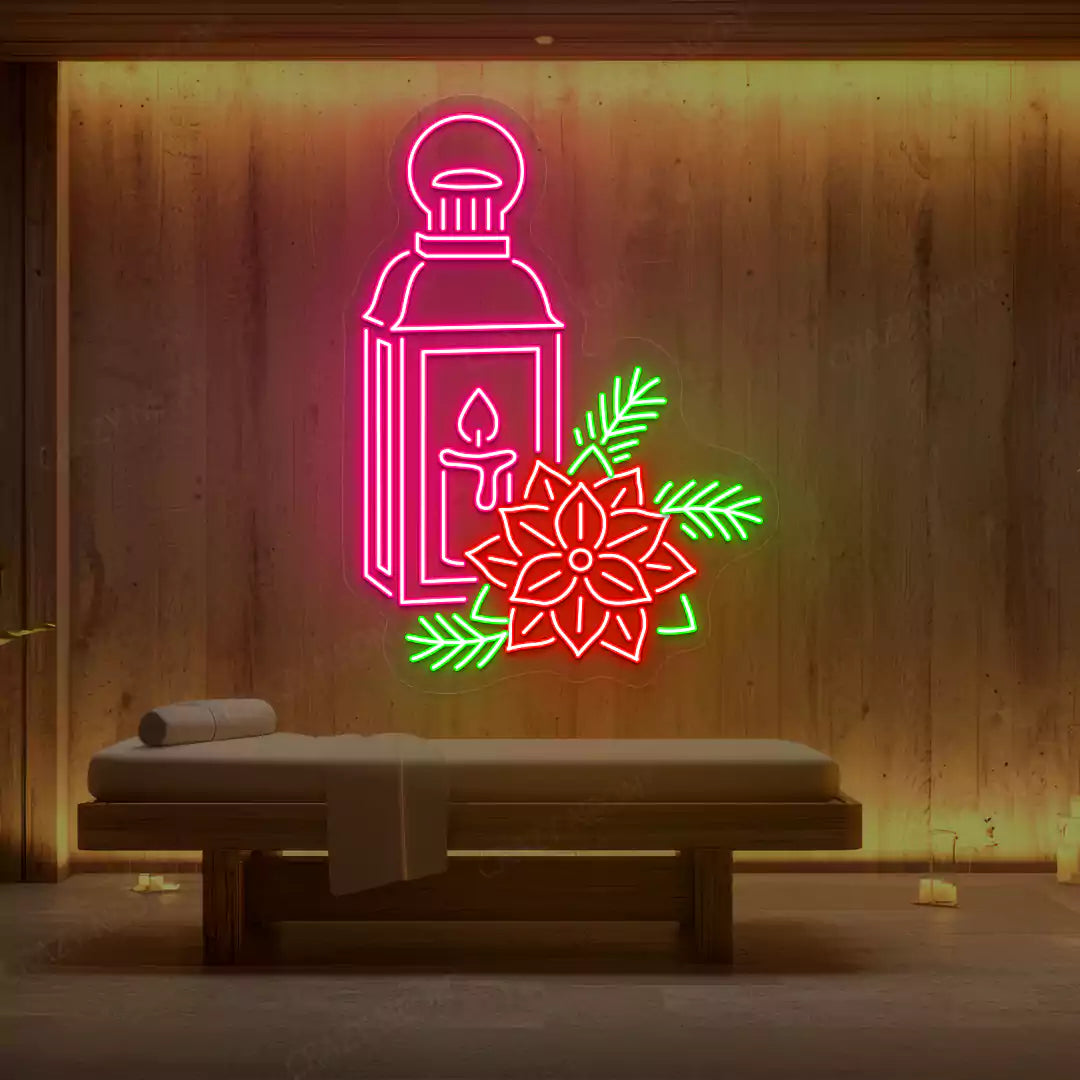 Pink Lantern Blossom Spa neon sign glowing on a wooden wall