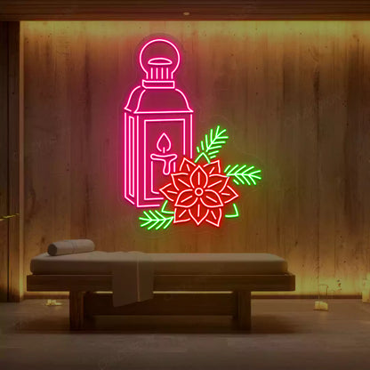 Pink Lantern Blossom Spa neon sign glowing on a wooden wall