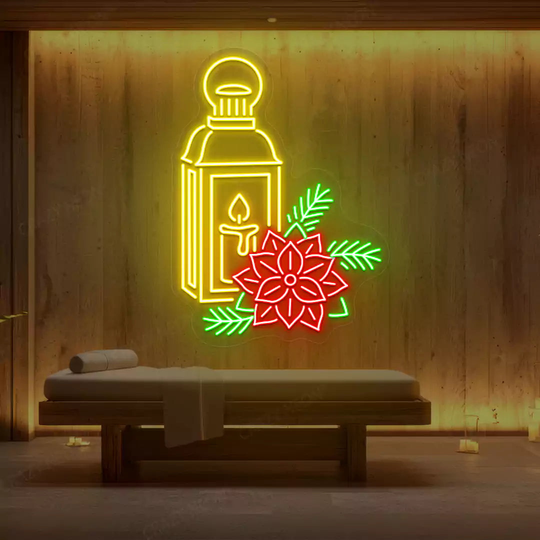 Yellow Lantern Blossom Spa neon sign glowing on a wooden wall