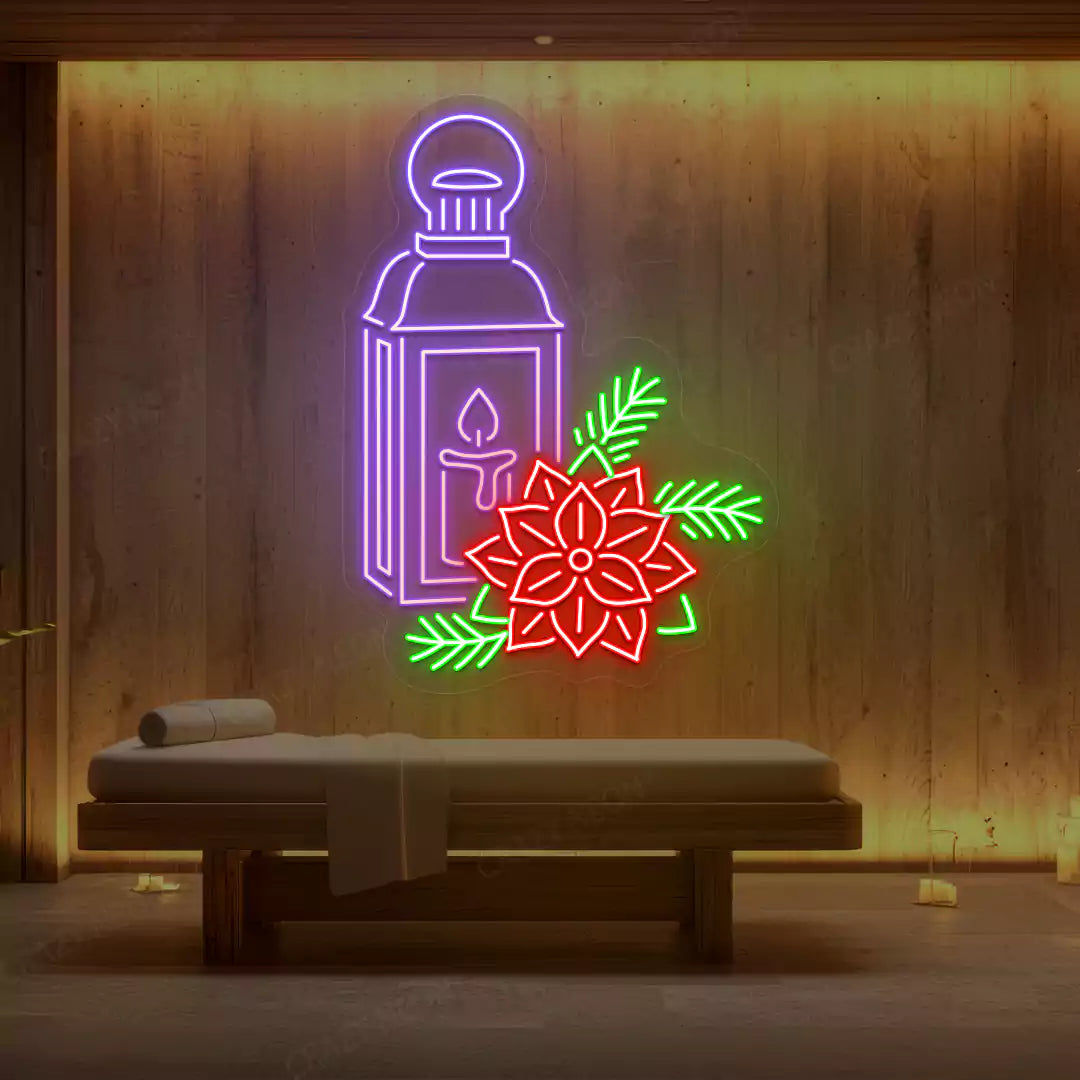 Purple Lantern Blossom Spa neon sign glowing on a wooden wall
