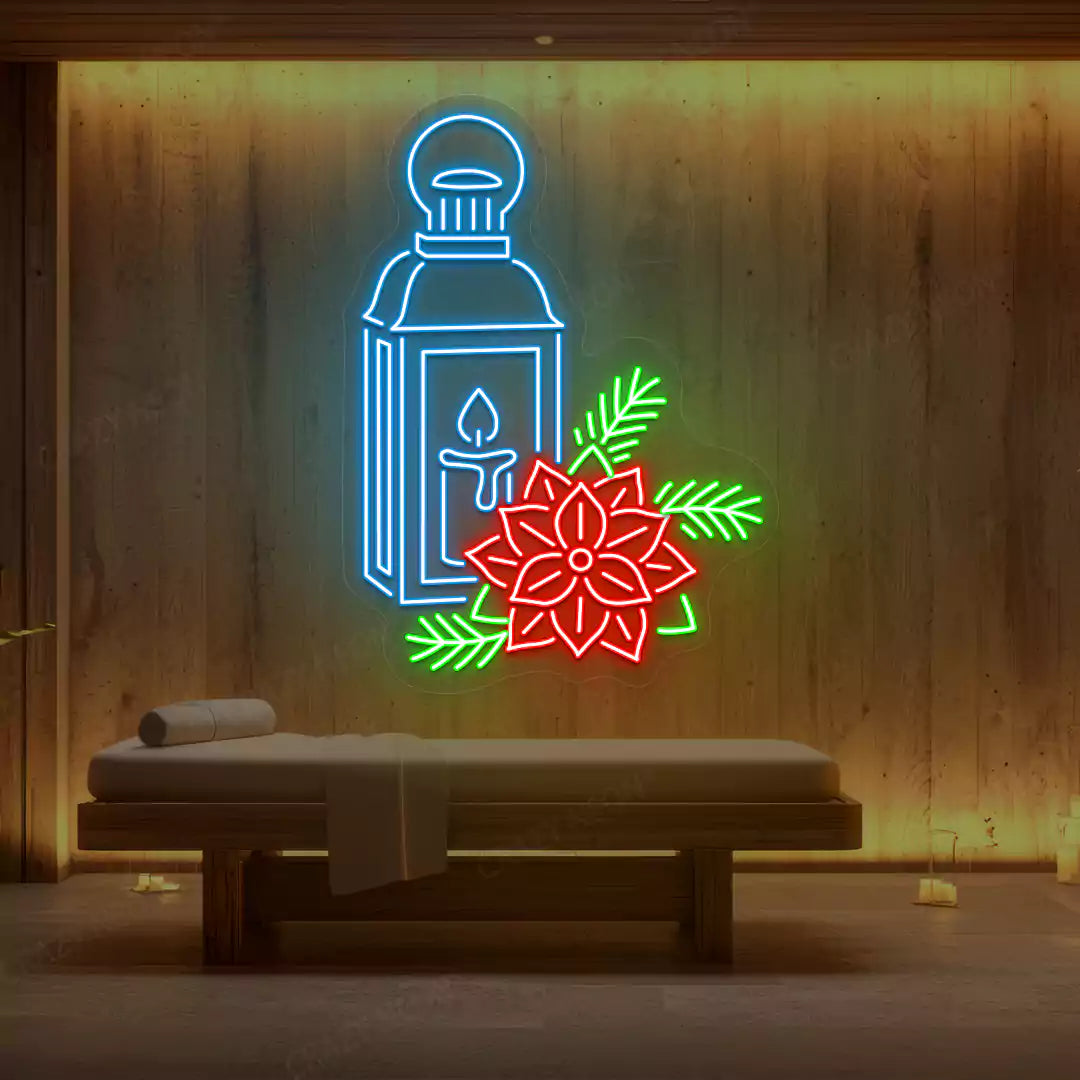 Ice blue Lantern Blossom Spa neon sign glowing on a wooden wall