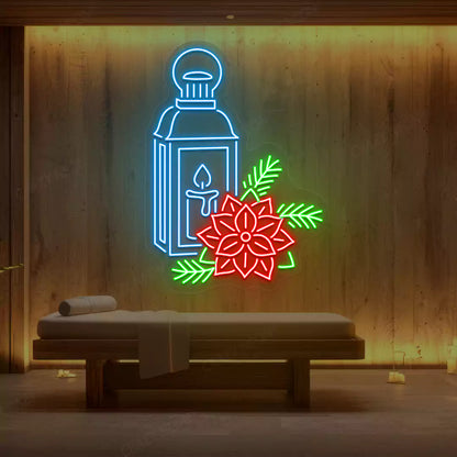 Ice blue Lantern Blossom Spa neon sign glowing on a wooden wall