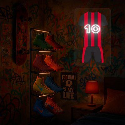 Black and red striped football jersey neon artwork with number 10 glowing on graffiti-style wall