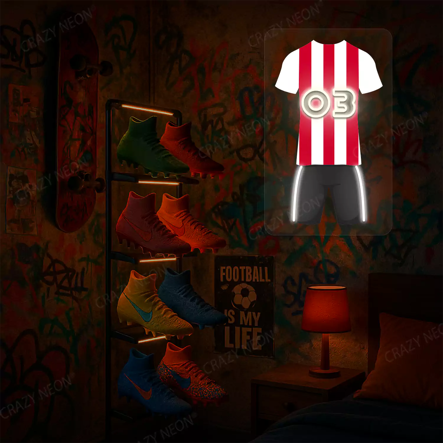 Red and white striped football jersey neon artwork with number 03 glowing on a graffiti-covered wall