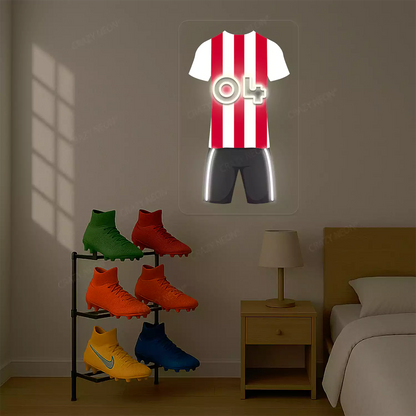 Red and white striped football jersey neon artwork with number 04 glowing on a beige wall