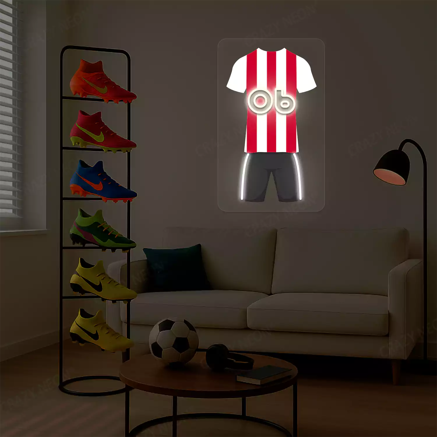 Red and white striped football jersey neon artwork with number 06 glowing on a beige wall