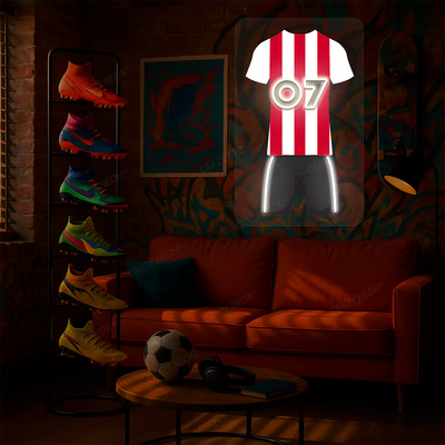 Red and white striped football jersey neon artwork with number 07 glowing on a graffiti-covered wall