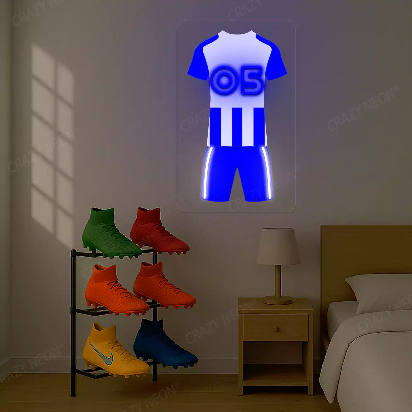Blue and white striped football jersey neon artwork with number 05 glowing on beige wall 