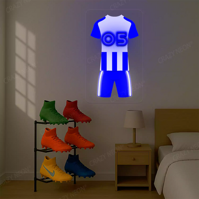 Blue and white striped football jersey neon artwork with number 05 glowing on beige wall 