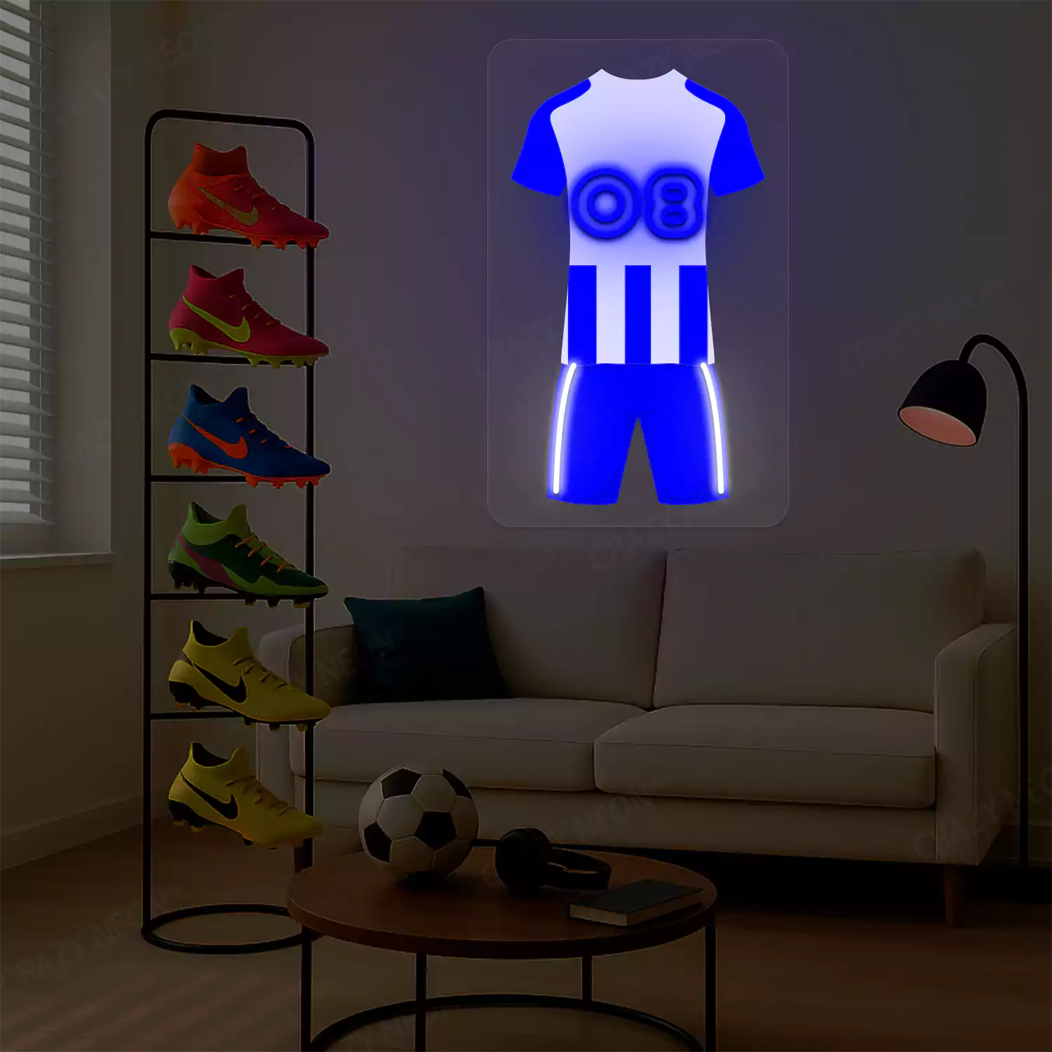 Blue and white striped football jersey neon artwork with number 08 glowing on beige wall 