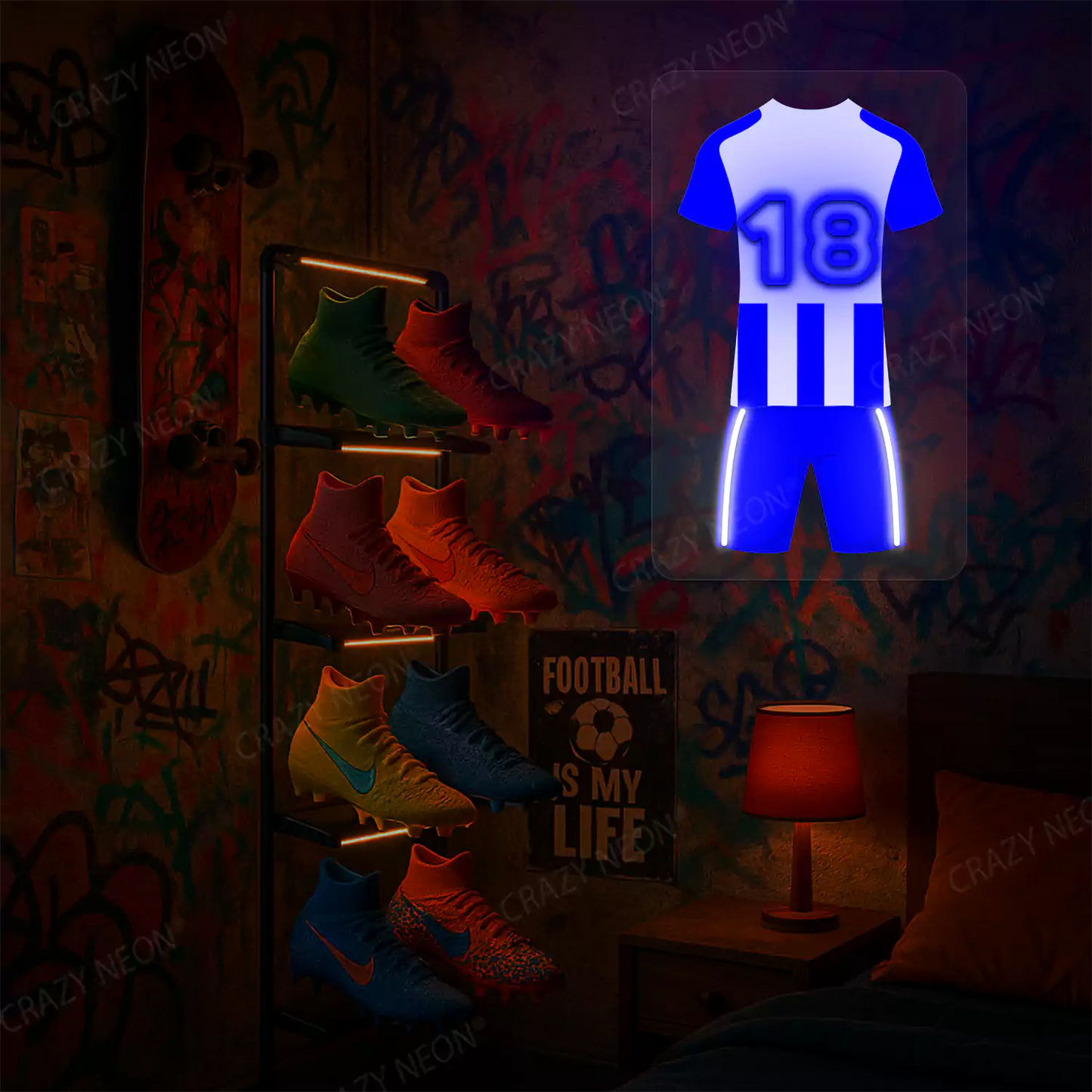 Blue and white striped football jersey neon artwork with number 18 glowing on graffiti-covered wall
