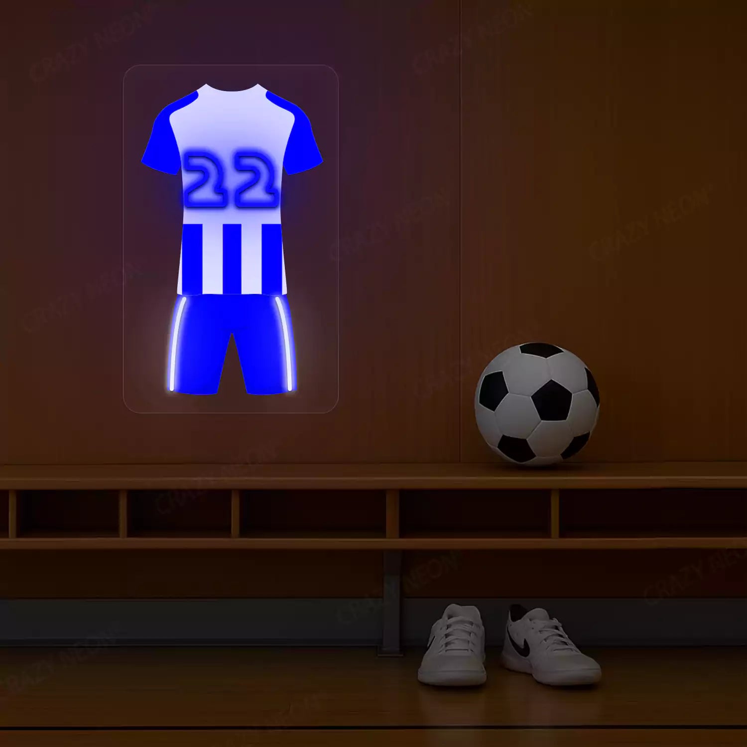 Blue and white striped football jersey neon artwork with number 22 glowing on wooden wall