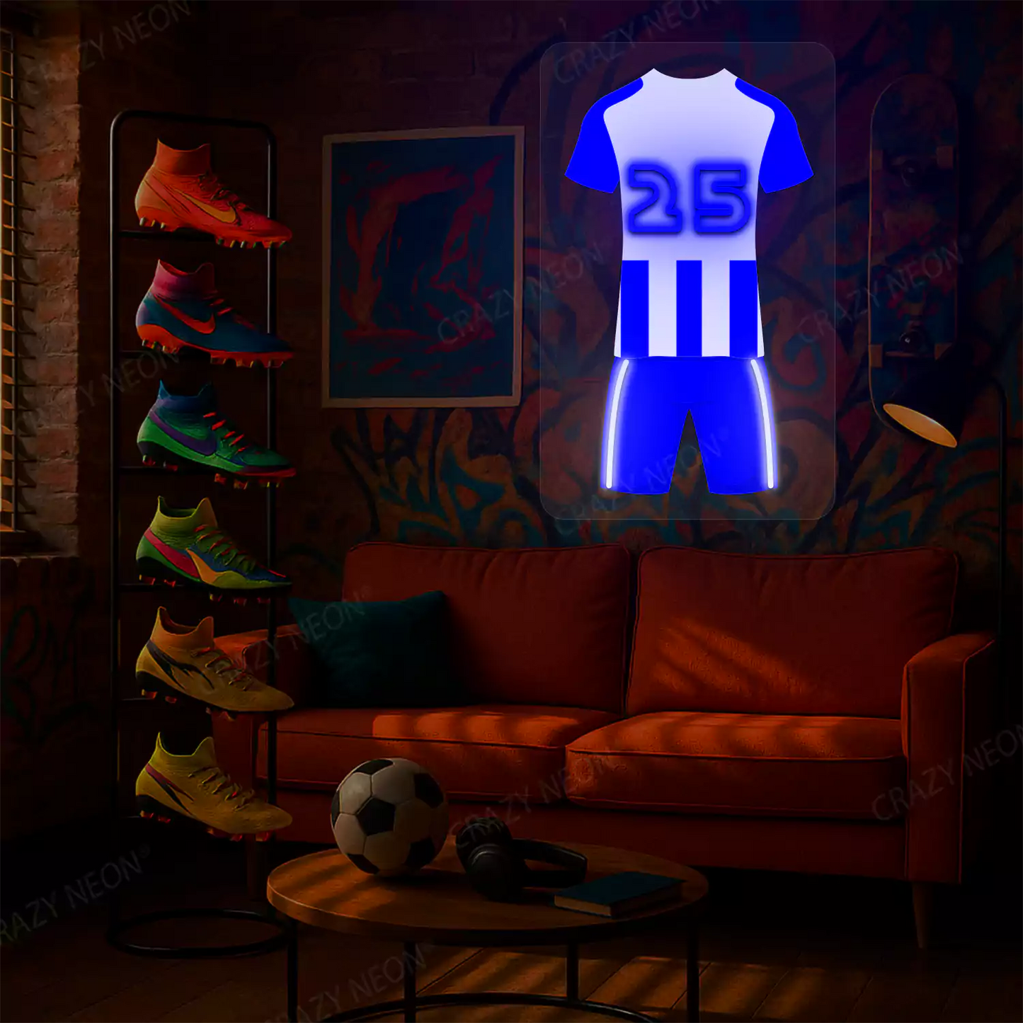 Blue and white striped football jersey neon artwork with number 25 glowing on graffiti-covered wall