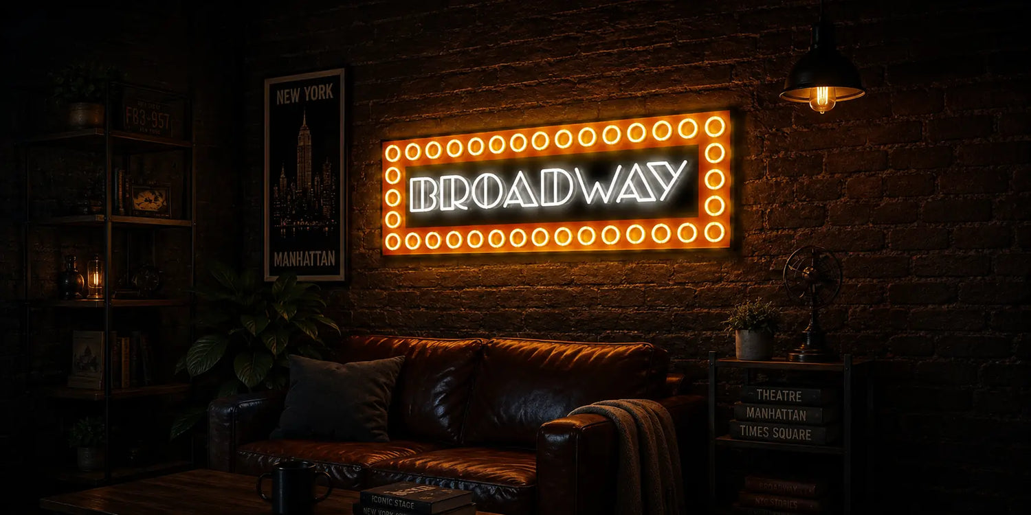 Broadway themed living room with illuminated Broadway neon sign leather couch exposed brick wall New York decor and warm ambient lighting