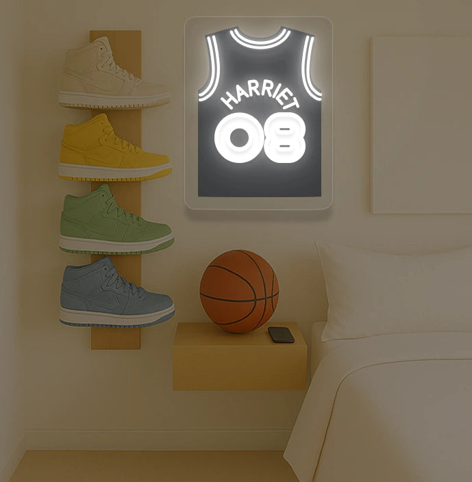 Brooklyn basketball jersey neon sign with HARRIET 08 in white and black, bedroom sneaker display and basketball decor